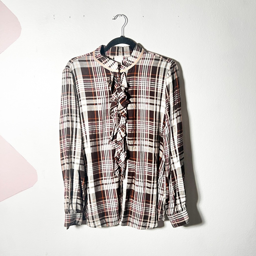 Chico's Button Shirt Size 2 US Large Brown Plaid Ruffle Front Western